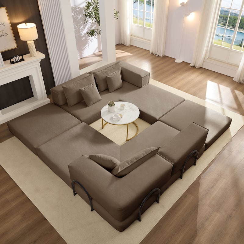 DIY Modular Corduroy L-Shaped Floor Sofa Set with 6 Pillows