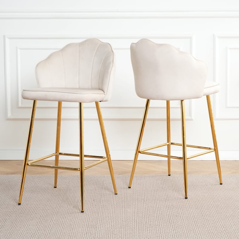 Set of 2 Shell Shape Velvet Bar Chair with Gold-plated Metal Legs