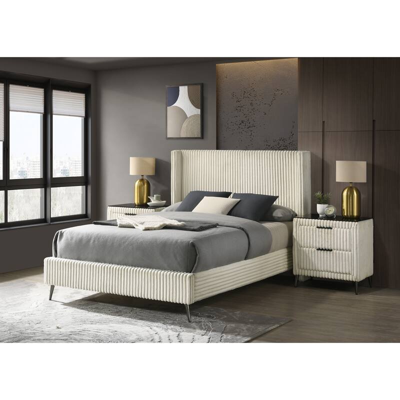 Queen Size Upholstered Panel Bed Set with 2 Nightstands and Storage Bench
