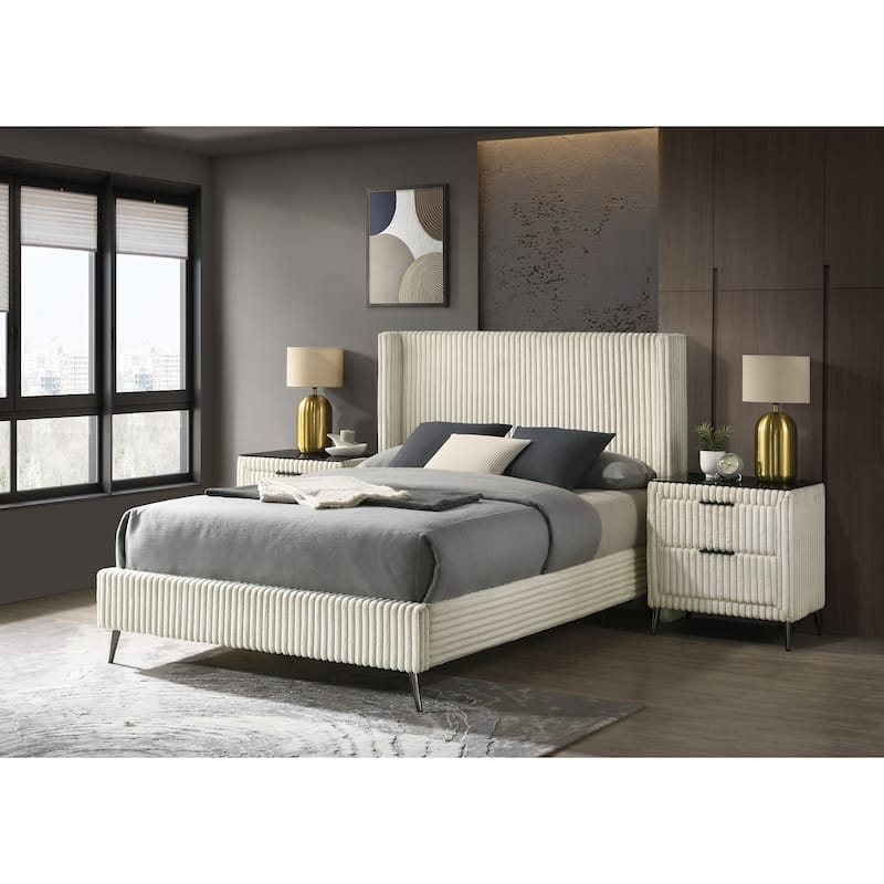 Roundhill Furniture Mavela Wide Wale Corduroy Upholstery Panel Bed with 2 Nightstands, Cream