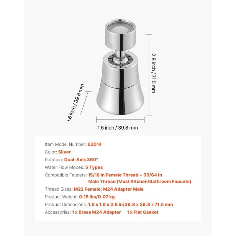 Silver Rotatable Faucet Extender with 5 Water Flow Modes and Core - 1.6 x 1.6 x 2.8 in