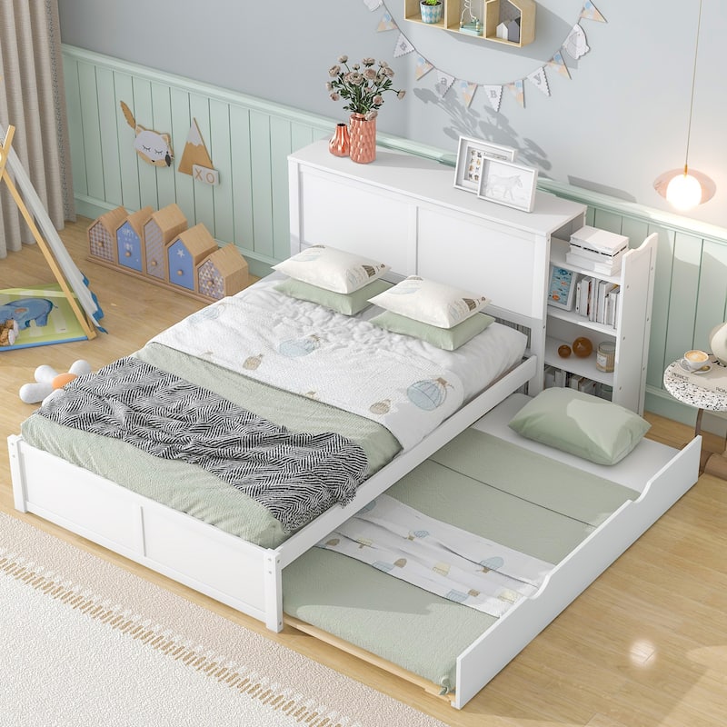 Full Size Storage Platform Bed with Shelves and Trundle, Space-Saving Design - White