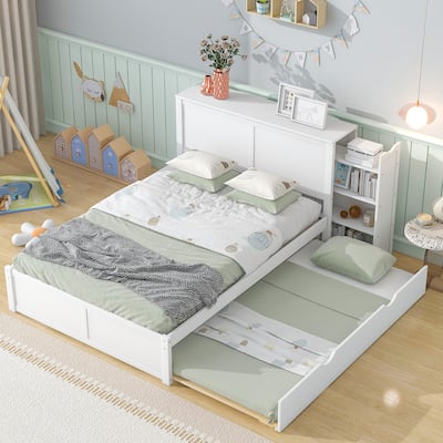 Full Size Storage Platform Bed with Shelves and Trundle, Space-Saving Design