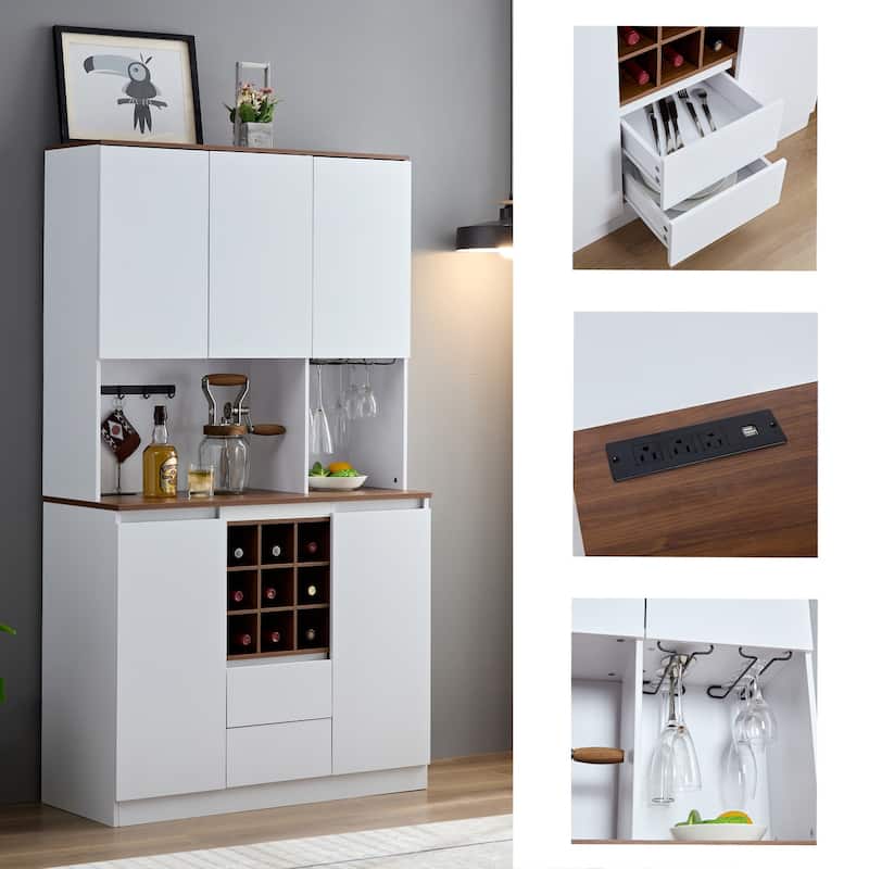 60.9" Farmhouse Coffee Bar Wine Cabinet with Charging Station