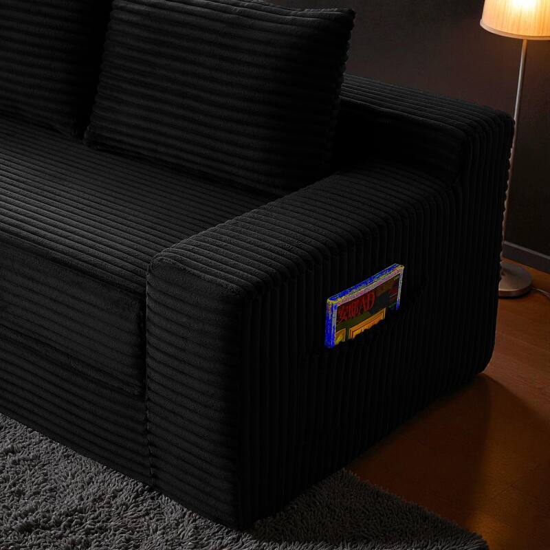 Memory Foam Cloud Loveseat, 2-in-1 Convertible Corduroy Folding Couch Bed, No-Assembly Floor Sofa with Storage Pockets