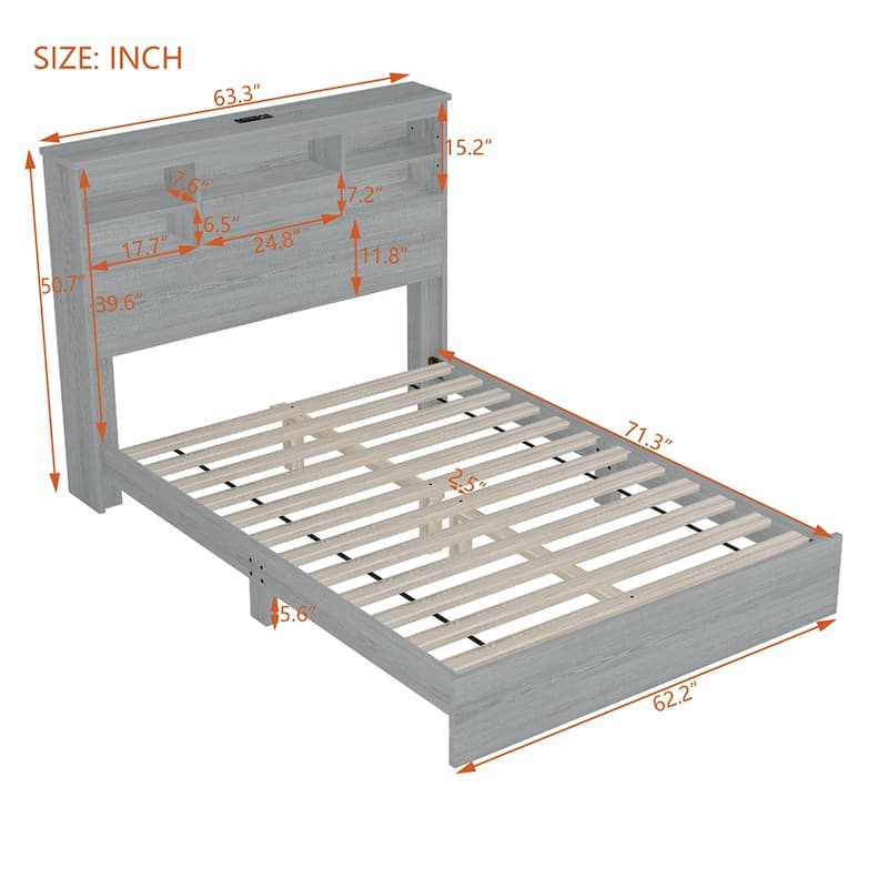 Queen Size Wood Platform Bed with Storage Headboard and USB Charging