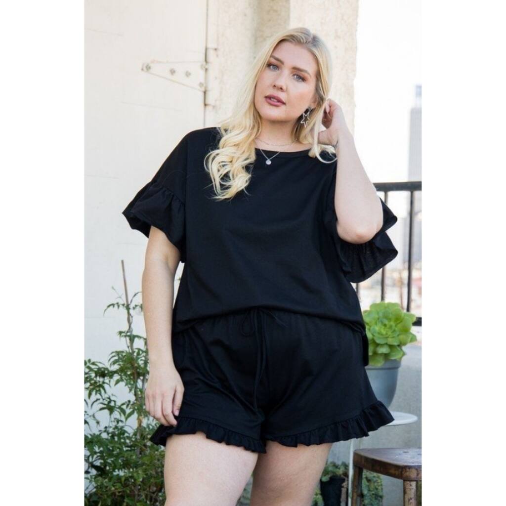 Polyester Ruffle Sleeve Side Slit French Terry Top with Round Neck