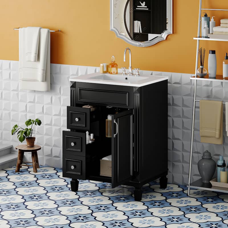 24" Bathroom Vanity With Ceramic Sink, Small Bathroom Sink Cabinet, Modern Cabinet With 2 Drawers And Adjustable Shelf
