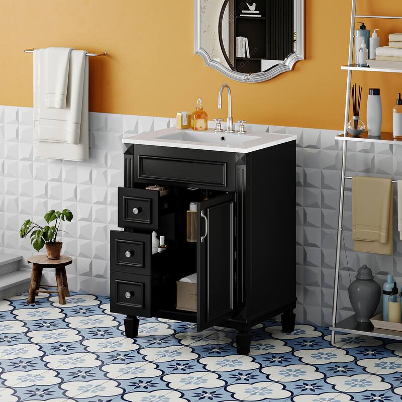 24" Bathroom Vanity with Ceramic Sink - Modern 2-Drawer Storage Cabinet, Adjustable Shelf, Space-Saving Design