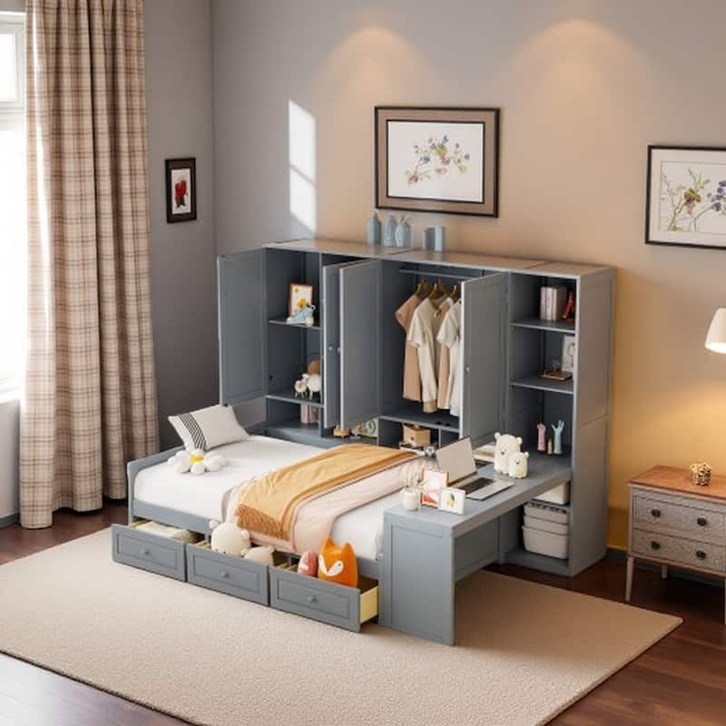 Full Size Wood Daybed with Built-In Desk, Drawers, Shelves & Cabinets, with Reversible Workspace and Storage