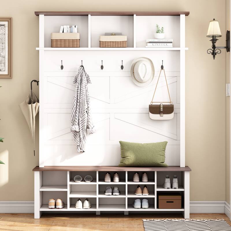 Roomfitters Wooden Farmhouse Hall Tree with Bench, 4-in-1 Entryway Organizer with 6 Hooks, Shelves and Shoe Storage