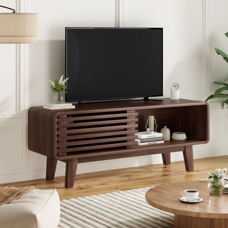 TV Stand for TV Up to 59 Inch, Entertainment Center with Storage Cabinet and Sliding Door - Walnut