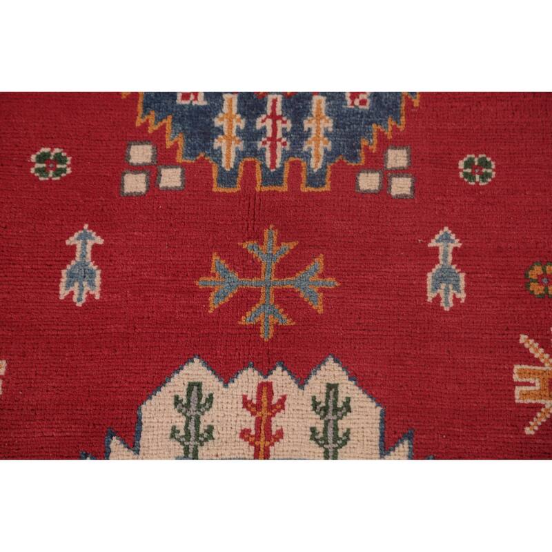 Geometric Red Kazak Area Rug Handmade Oriental Wool Carpet - 6'6" x 9'10"