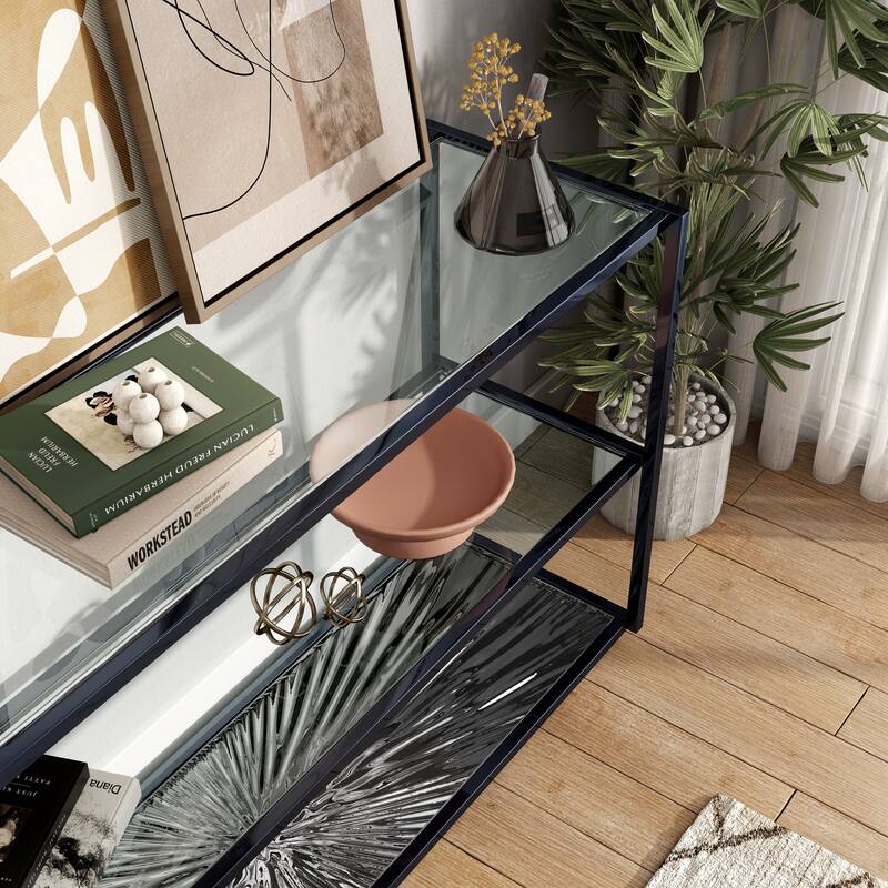 247 Shop At Home Aureum Modern 1-Shelf Sofa Table with Sunburst Base and Tempered Glass Top