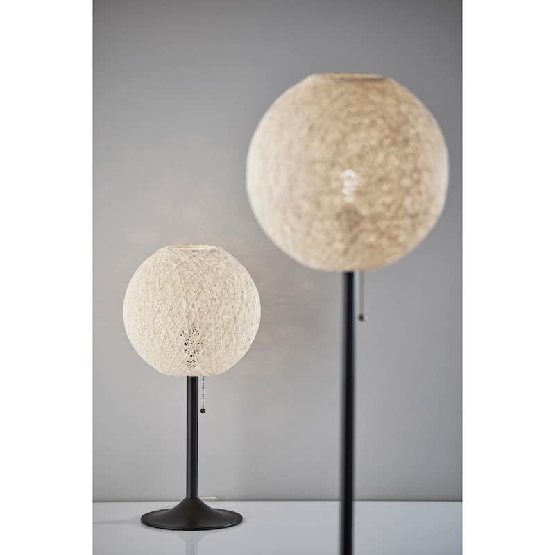 Antiqued Bronze Metal Table Lamp with Off White Rattan Globe Shade and Pull Chain Switch - 12” x 12” x 24” (D x W x H)