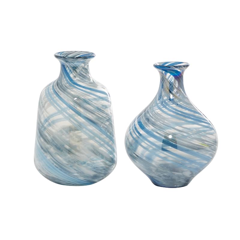 Glass Handmade Blown Vase - Set of 2 Blue - Roche River Decor - 7"W x 7"L x 10"H