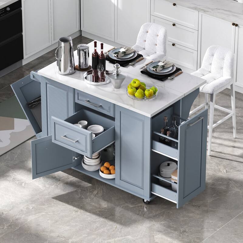 Kitchen Island with Storage Tilt Trash Can Cabinet and Pull Out Cabinet Organizer