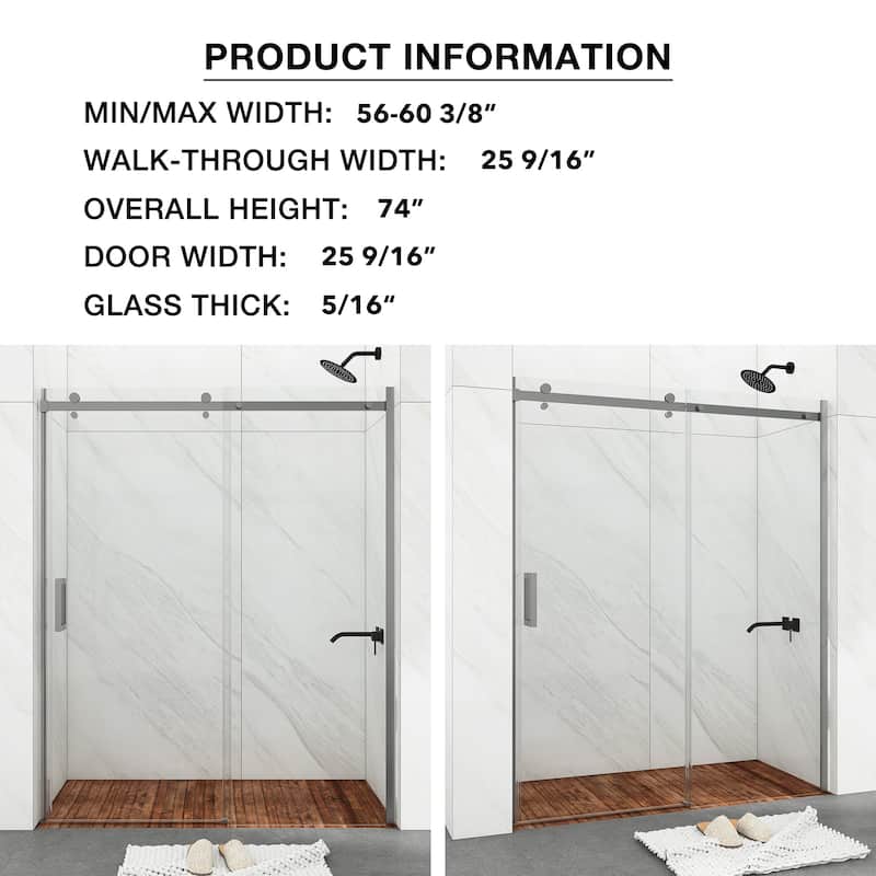 60 in. W x 74 in. H Single Sliding Frameless Shower Door with Clear Tempered Glass - 60" x 74"
