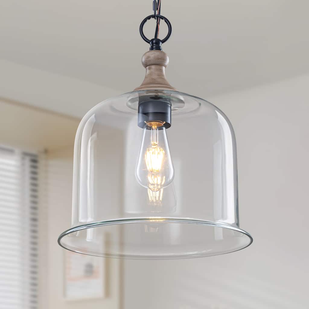 Starsky 1-Light Clear Glass Bell Jar / Cloche Pendant With Wood-Look Metal Accent - Cloche