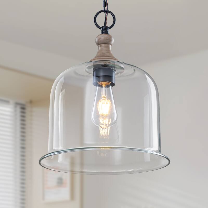 Starsky 1-Light Clear Glass Bell Jar / Cloche Pendant With Wood-Look Metal Accent - Cloche - Cloche