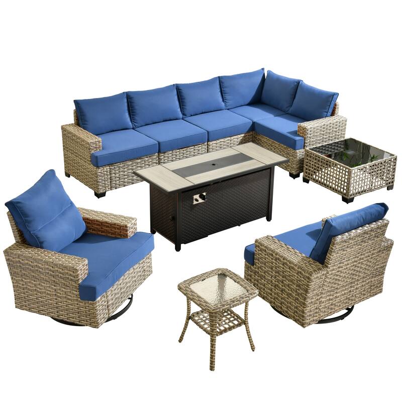 OVIOS 10 Pieces T shaped Seat Wide Armrest Swivel Chair Set With Solar-Powered Table&Fire Pit