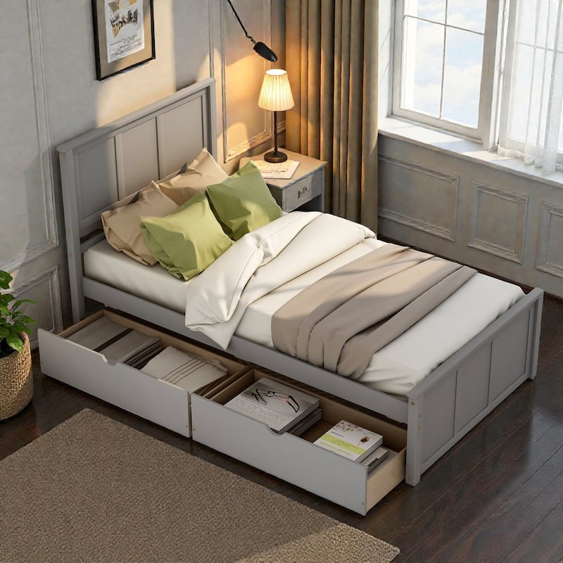 Twin Size Platform Storage Bed with 2 Drawers, Solid Wood & MDF Frame, Under-Bed Rolling Drawers, No Box Spring Needed