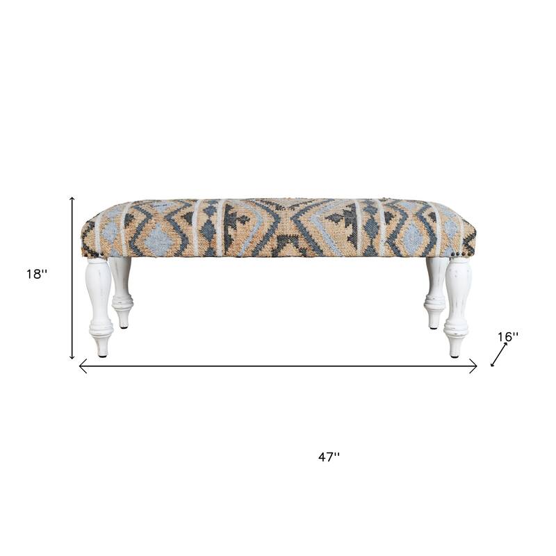 HomeRoots 47" Beige Blue and White Geometric Cotton Blend Upholstered Bench - 47.00 in. x 18.00 in. x 16.00 in.
