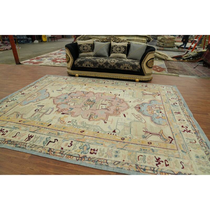 Vegetable Dye Wool Oushak Turkish Area Rug, Medallion Geometric Carpet - 11' 11'' X 9' 0''