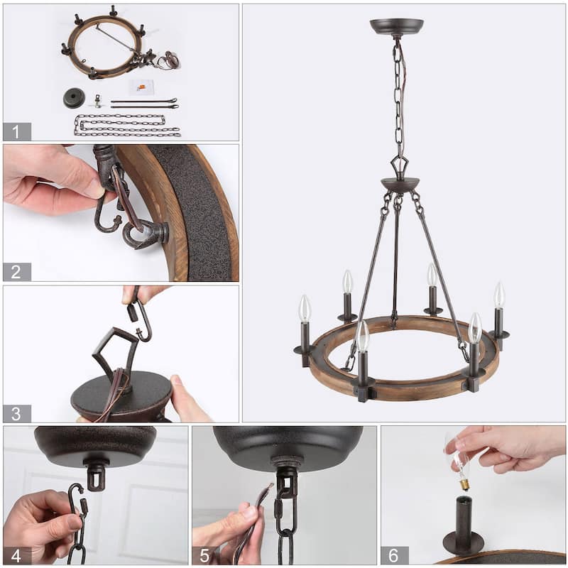 The Gray Barn Farmhouse 6-Light Wagon Wheel Wood Chandelier for Dining Room