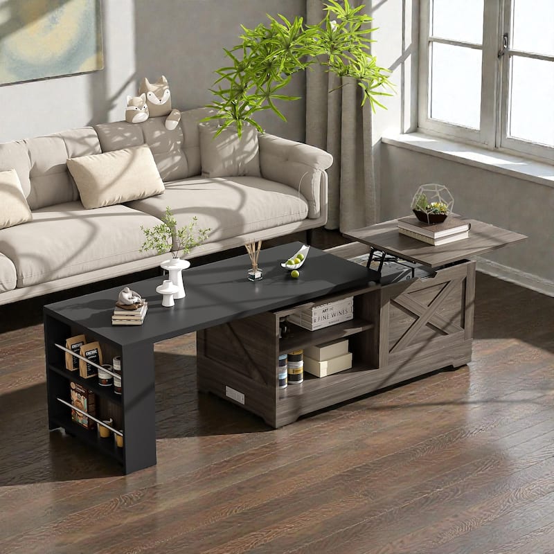 Farmhouse Lift Top Coffee Table with Barn Doors, Rotating Wood Center Table with Hidden Storage and Open Shelves