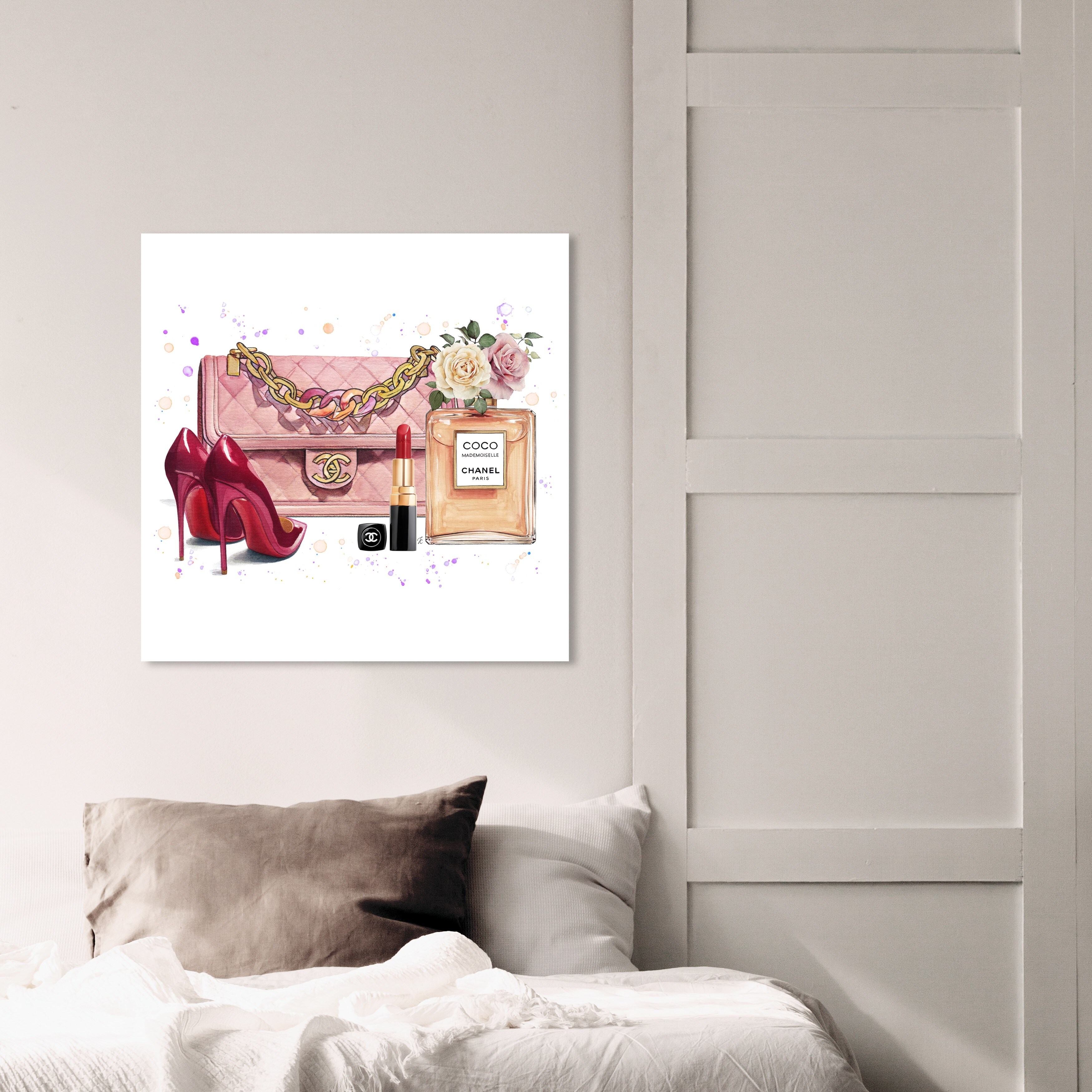 Oliver Gal 'Doll Memories - Pink Roses Bag and Accessories Square' Fashion,  Glam Wall Art Canvas Print Essentials - Pink, White