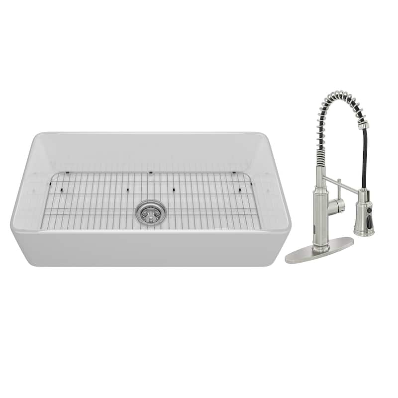 All-in-One Kit Fireclay Single Bowl Farmhouse/Apron-Front Kitchen Sink with Pull Down Sprayer Kitchen Faucet and Accessories