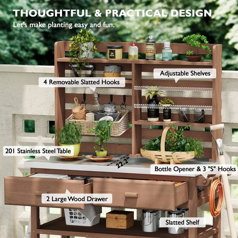 64.9"H Outdoor Potting Table with Lockable Wheels,Solid Wood Kitchen Island with Upper Hutch,Stainless Steel Top,Towel Rack