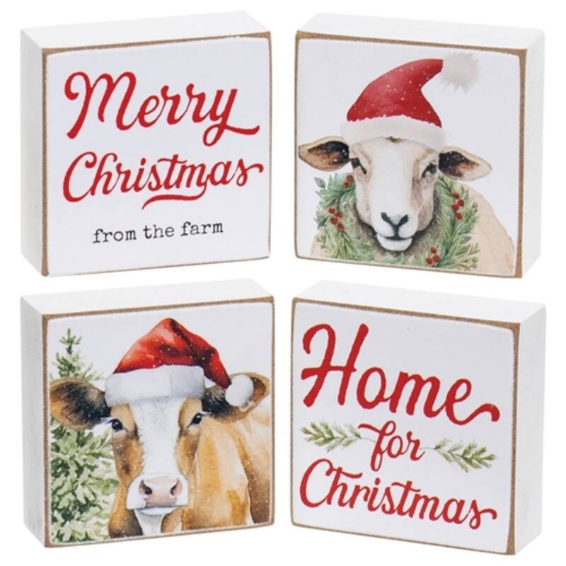 Merry Christmas From the Farm 2" Square Block - 4 Asstd. - 2” x 0.75” x 2” - White-Red