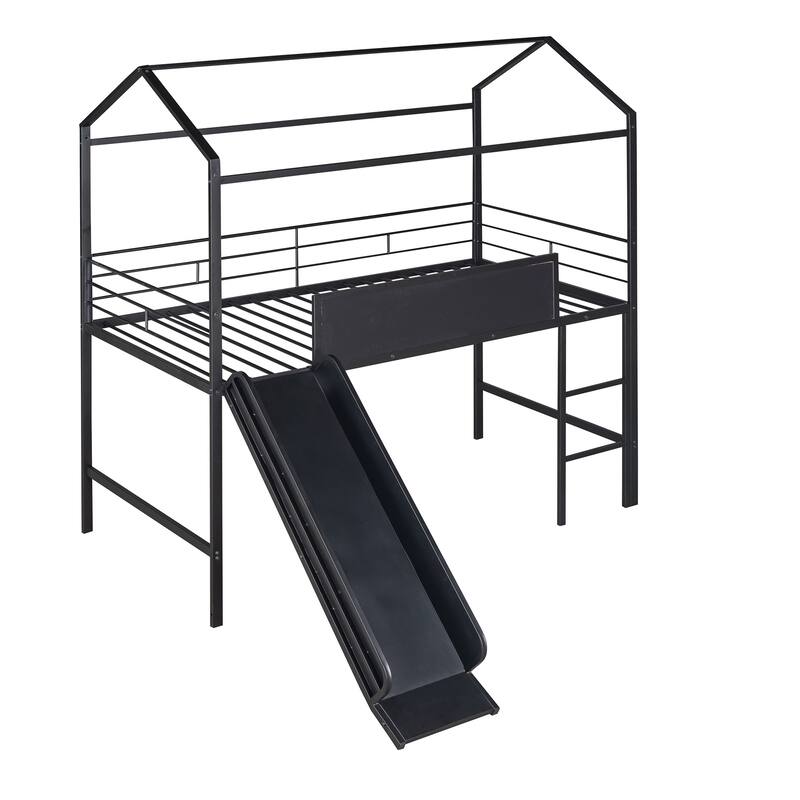 Twin Size Metal Loft Bed with Slide & Two-Sided Writable Wooden Boards - Metal House Bed Design