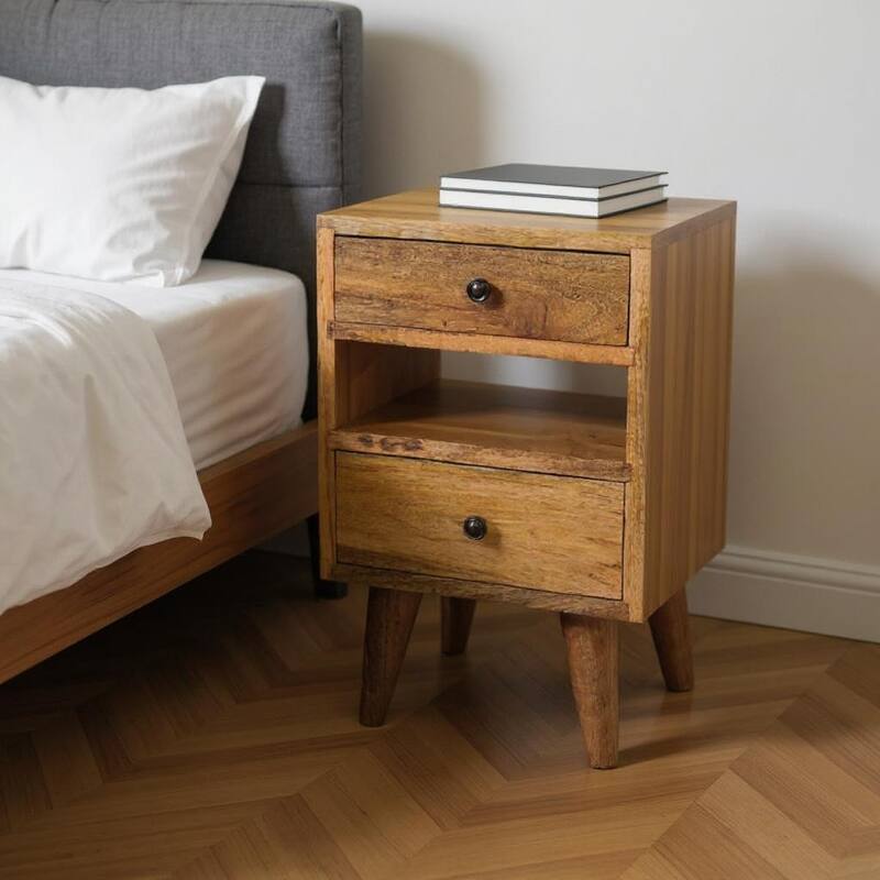 HomeRoots 20" Oak Solid Wood Two Drawer Nightstand - Oak - 2-drawer