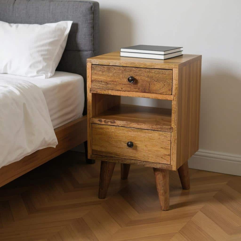 HomeRoots 20" Oak Solid Wood Two Drawer Nightstand