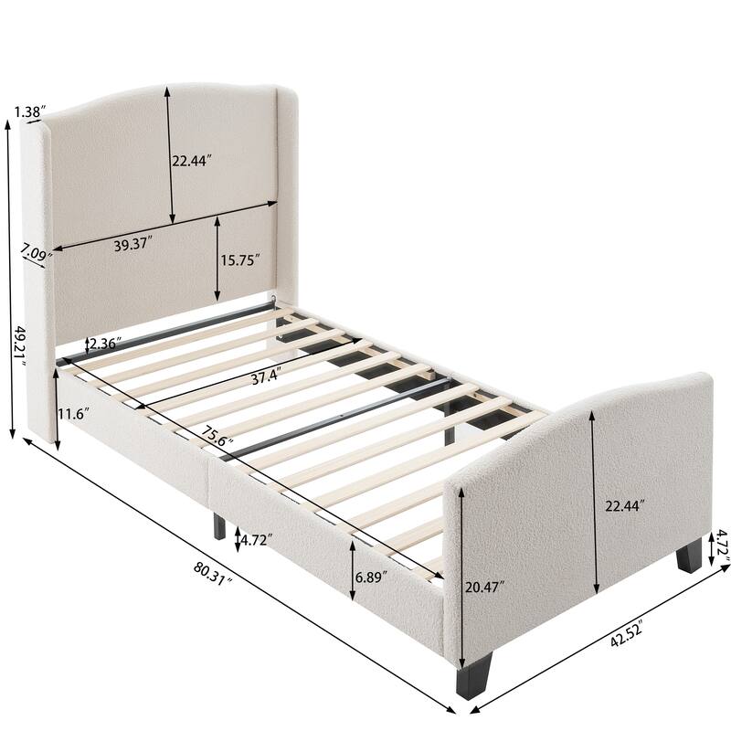 Upholstered Teddy Velvet 49.21" High Headboard Twin Size Bed Frame with 27.17" High Footboard - White