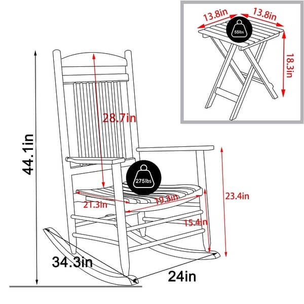 dimension image slide 0 of 3, VEIKOUS Wood 3-piece Outdoor Rocking Chair and Folding Table Set
