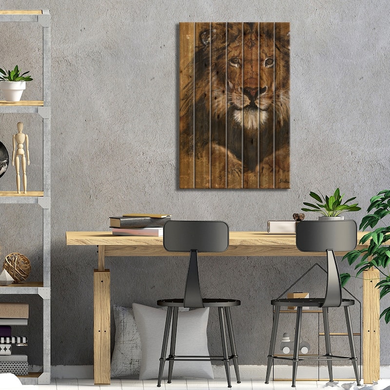 Gold Lion Print On Wood by Patricia Pinto - Multi-Color