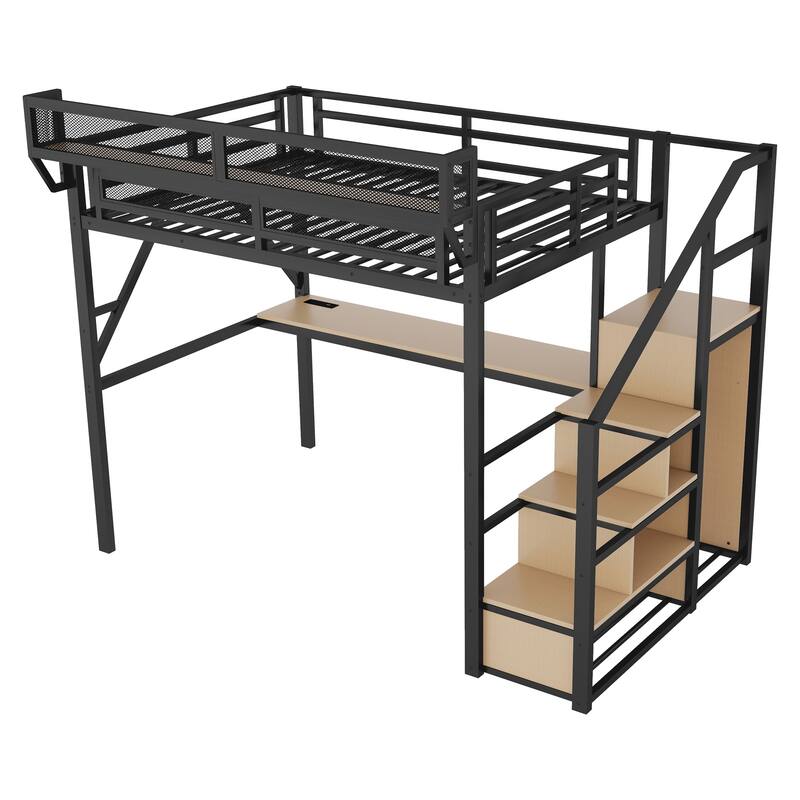 Full Loft Bed with Desk and Charging Station, Full Size Metal Loft Bed with Stairs and Light for Kids Teens