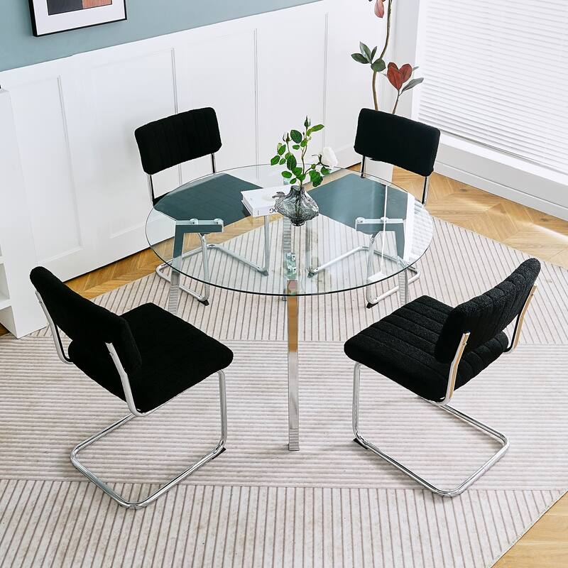 Modern minimalist ROUND glass dining table, transparent glass tabletop and chrome metal legs - Transparent