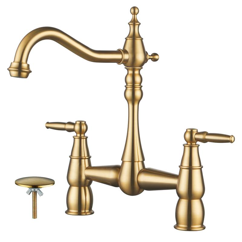 Double Handle Bridge Kitchen Faucet with Sink Hole Cover - Gold