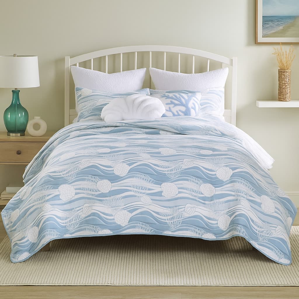 Doz 2pc Twin Size Coverlet Set, Coastal Matelasse, Tidal Blue, White