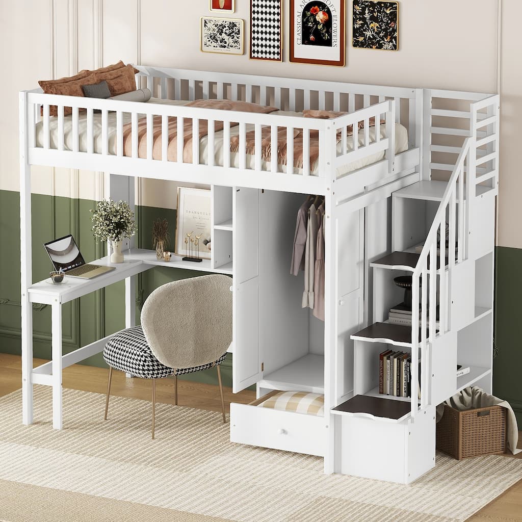 Space-Saving Twin Loft Bed with Storage Drawers, Desk, Bookshelf & Wardrobe