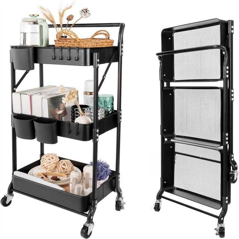 3 Tier Foldable Rolling Cart - 12"D x 17.9"W x 36.6"H - Metal Finish - Black