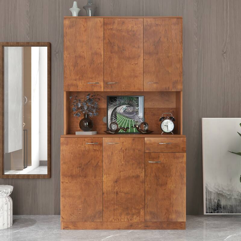 Classic 6 Door Design with Wooden Wardrobe with Drawers and Open Storage Space. for Bedroom Storage Cabinet Wardrobe - Tan
