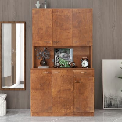 Rustic Walnut Wardrobe / Kitchen Storage Cabinet with 6-Doors, Open Shelves and Drawer, Bedroom Freestanding Floor Armoires