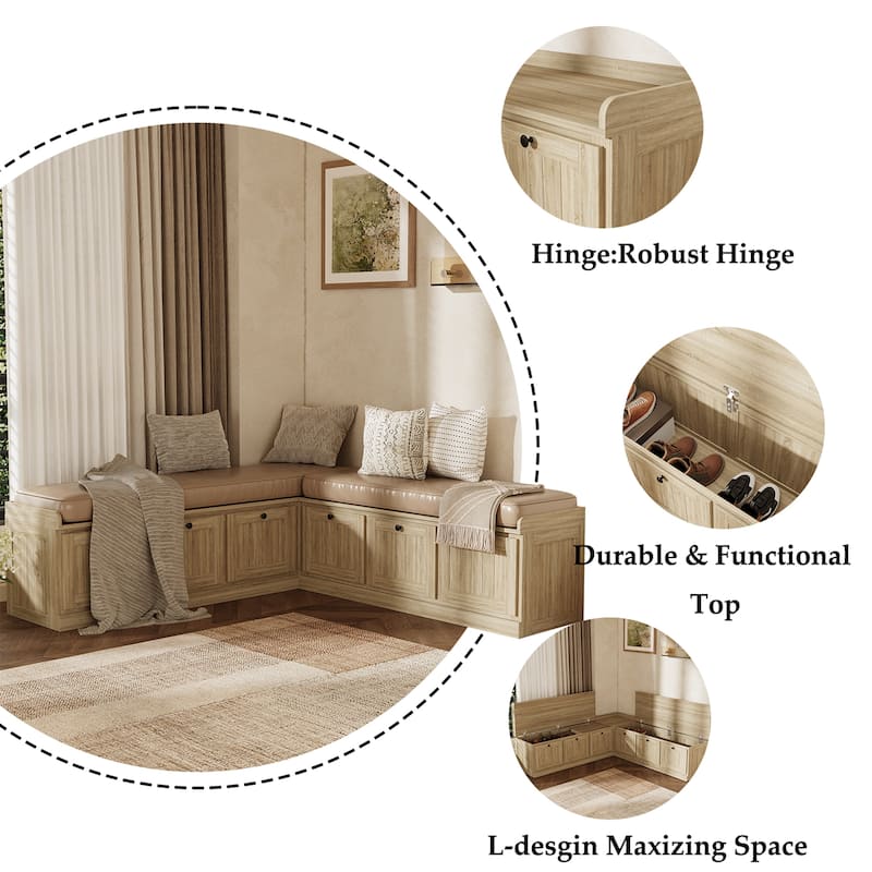 L-Shaped Storage Bench 176 lbs Top Load, Corner Entryway Bench with Hidden Storage Seating