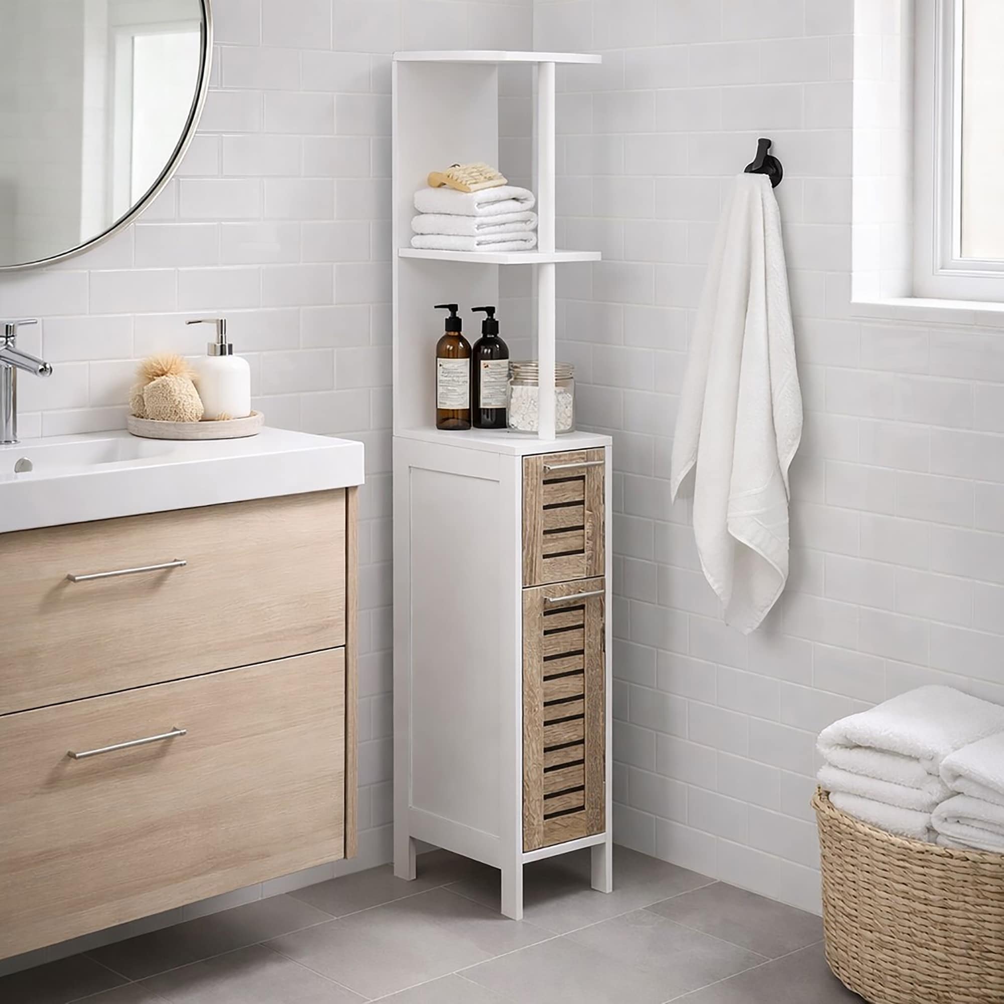 Stockholm Slim Bathroom Storage Cabinet Open Shelves Two Doors - 51.4"H x 7.2"L 12"W